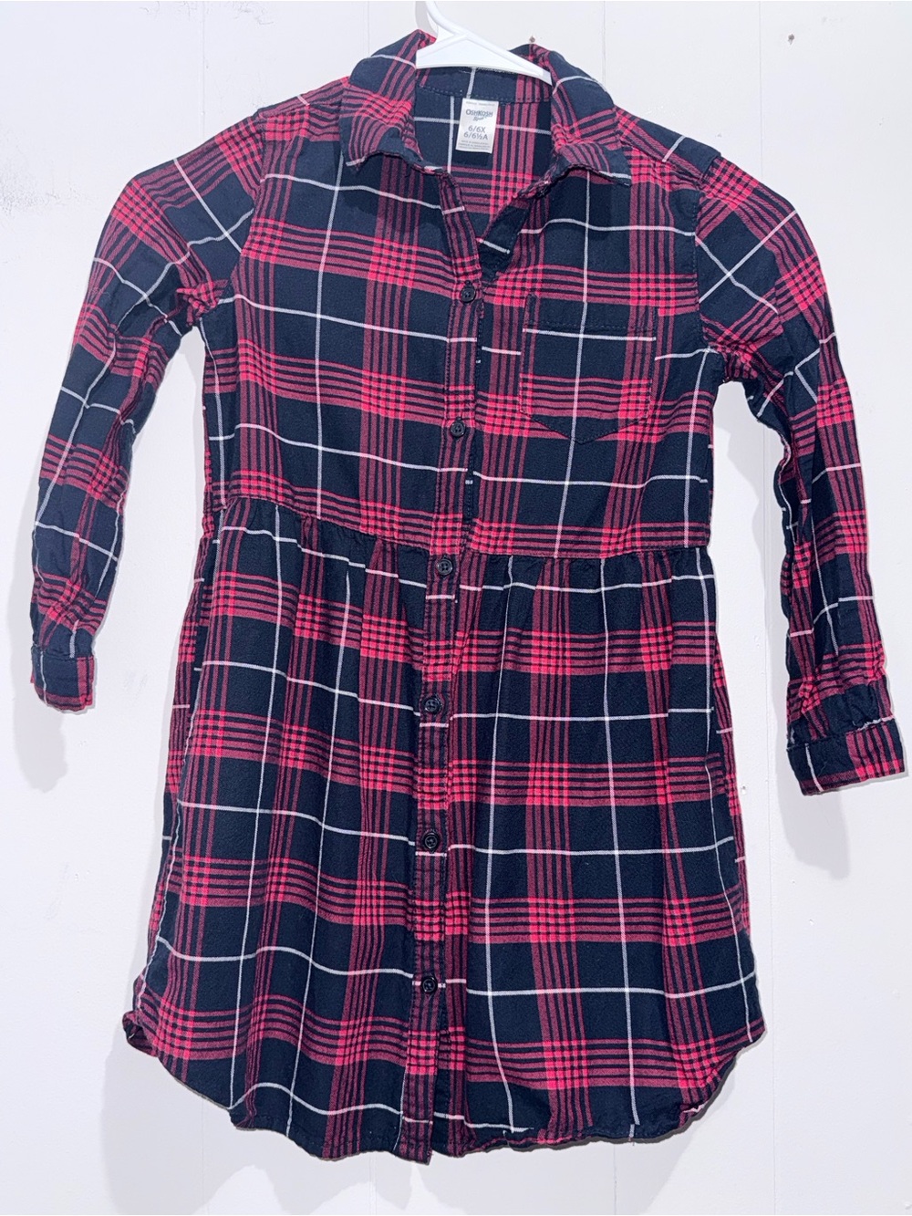 OshKosh B'gosh Girls Plaid Shirt Dress Red Navy Blue Size 6/6X EUC